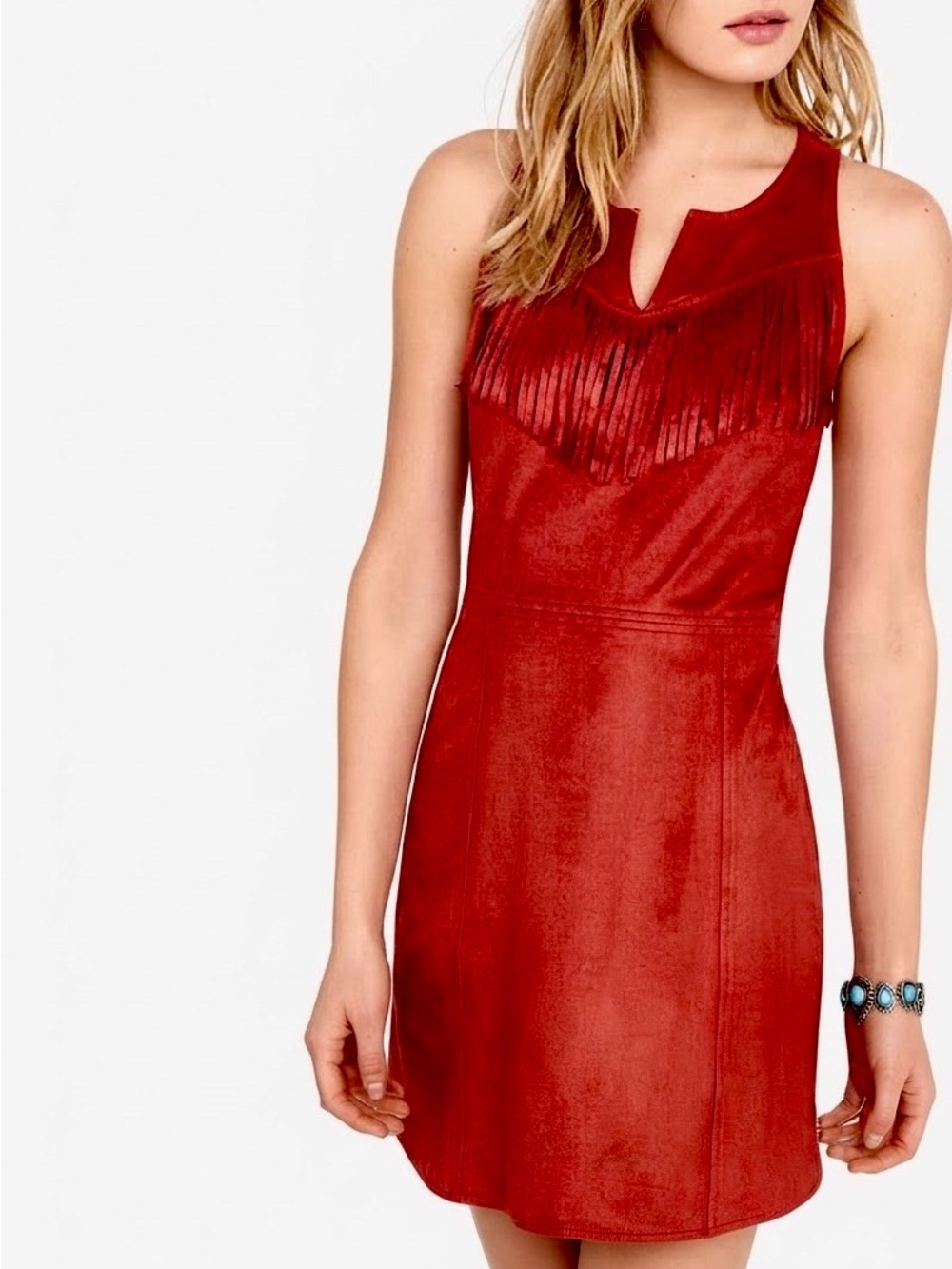 Express| Rust Red Faux Suede Western Fringe Sleeveless Mini Dress Sz S